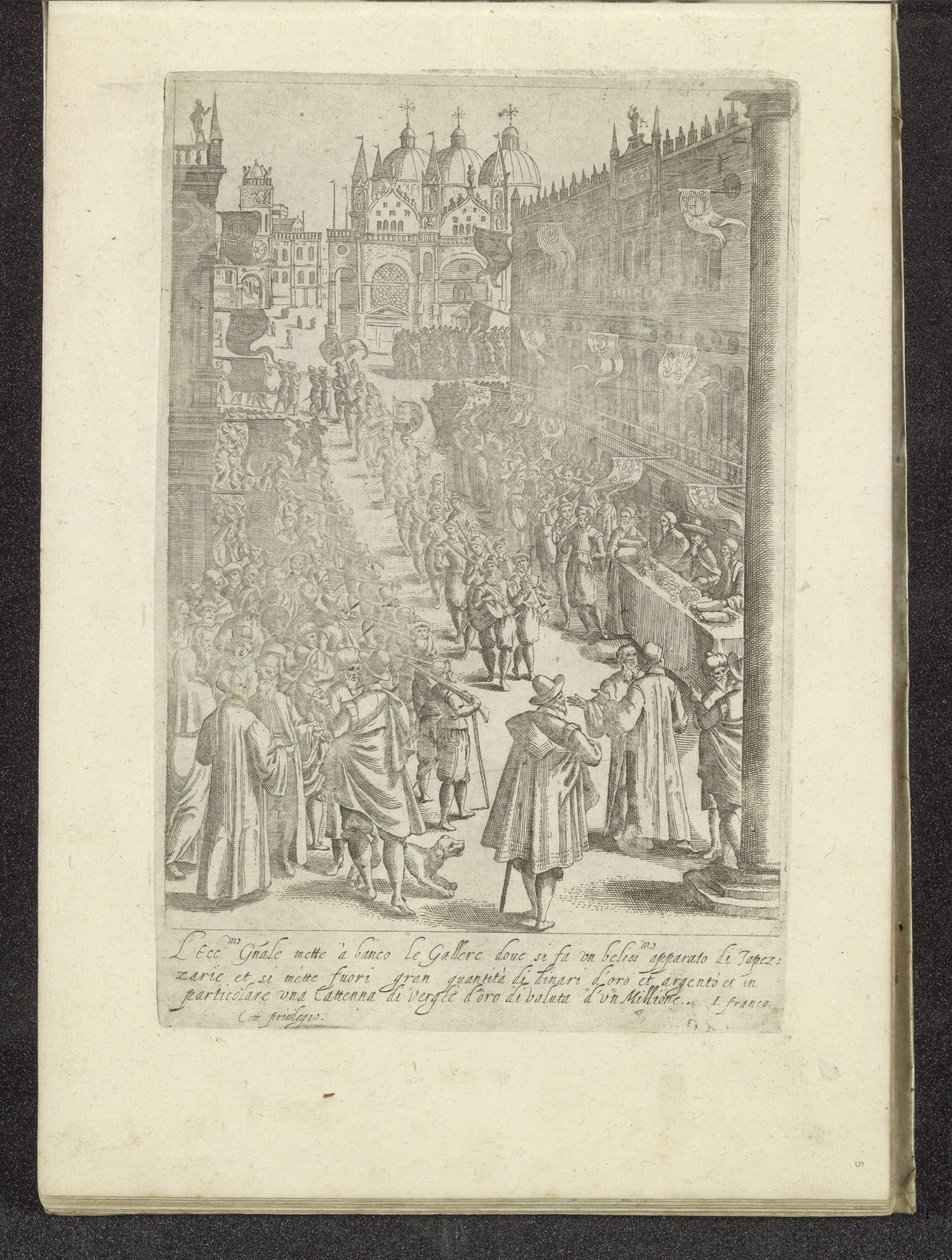Optocht op het San Marcoplein te Venetië Scènes uit het Venetiaanse leven (عنوان السلسلة) Habiti d'Huomeni and Venetian Women مع موكب Ser.ma Signoria وتفاصيل أخرى ، مثل حفلات الانتصار والاحتفالات العامة لأرقى مدينة في بواسطة مجهول