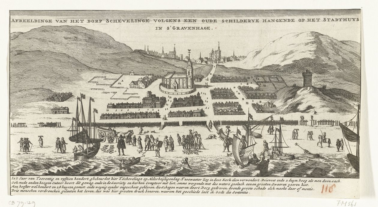 فيضان في Scheveningen في يوم جميع القديسين ، 1 نوفمبر 1570 صور لقرية Schevelinge وفقًا للوحة قديمة معلقة على الملاعب في s