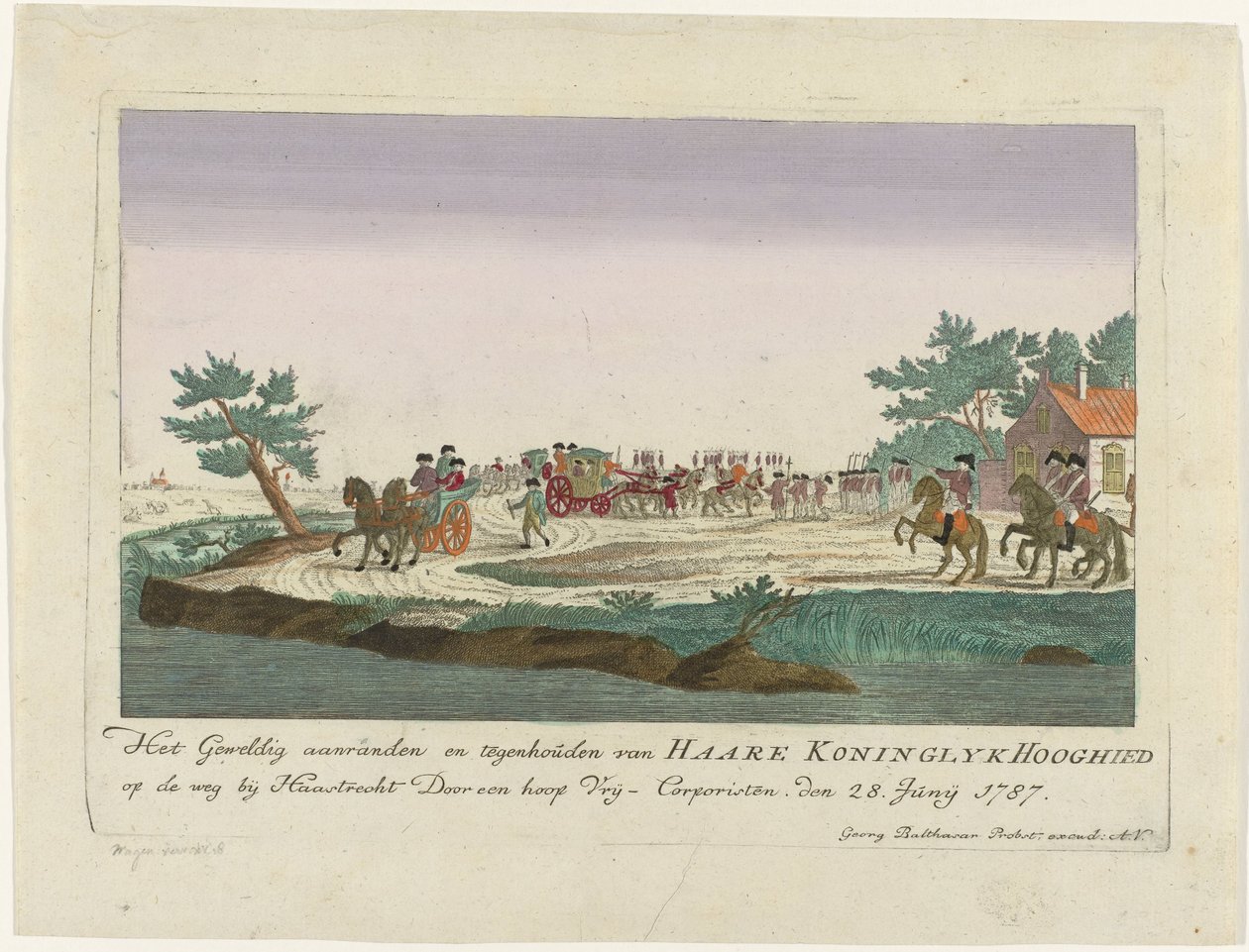 ألقي القبض على أميرة أورانج في Goejanverwellesluis ، 1787 الاعتداء الكبير ووقف Haare Koninglyk Hooghied على الطريق بالقرب من Haastrecht من قبل الكثير من Corporists الأحرار. 28. يونيو 1787 (العنوان على الكائن) المطبوعات الألمانية الملونة حوالي د بواسطة مجهول
