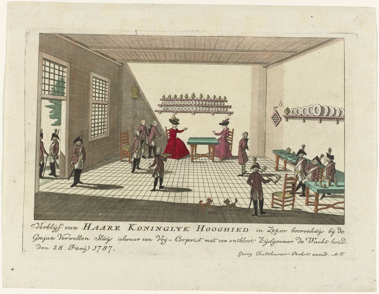 أميرة أورانج في غرفة الانتظار في Goejanverwellesluis ، 1787 إقامة Haare Koninglyk Hooghied في منزل مزارع معين بالقرب من Goejan Verwellen Sluijs ، حيث يراقب Free Corpist مع Zijdrifle عارية. 28 يونيو 1787 (العنوان على obje بواسطة مجهول