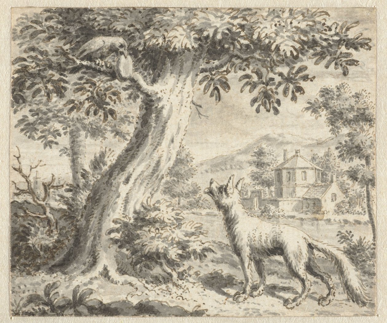 الغراب والثعلب تصميم الرسوم التوضيحية لإصدار من خرافات جان دي لا فونتين (عنوان السلسلة) بواسطة مجهول