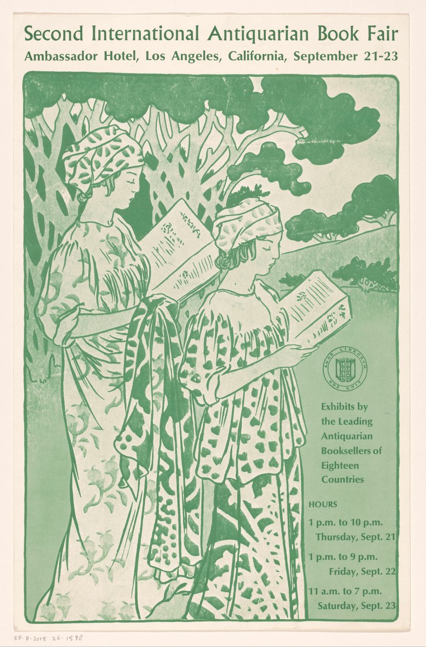 Reclamebiljet voor de Second International Antiquarian Book Fair te لوس أنجلوس المعرض الدولي الثاني للكتاب الأثري (العنوان على القطعة) بواسطة مجهول