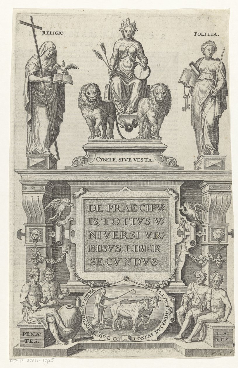 ريا ، الدين ، Bestuur en huisgoden Titelpagina voor: Georg Braun en Franz Hogenberg ، عن المدن الرئيسية للكون بأسره ، الكتاب الثاني ، s.a. بواسطة مجهول