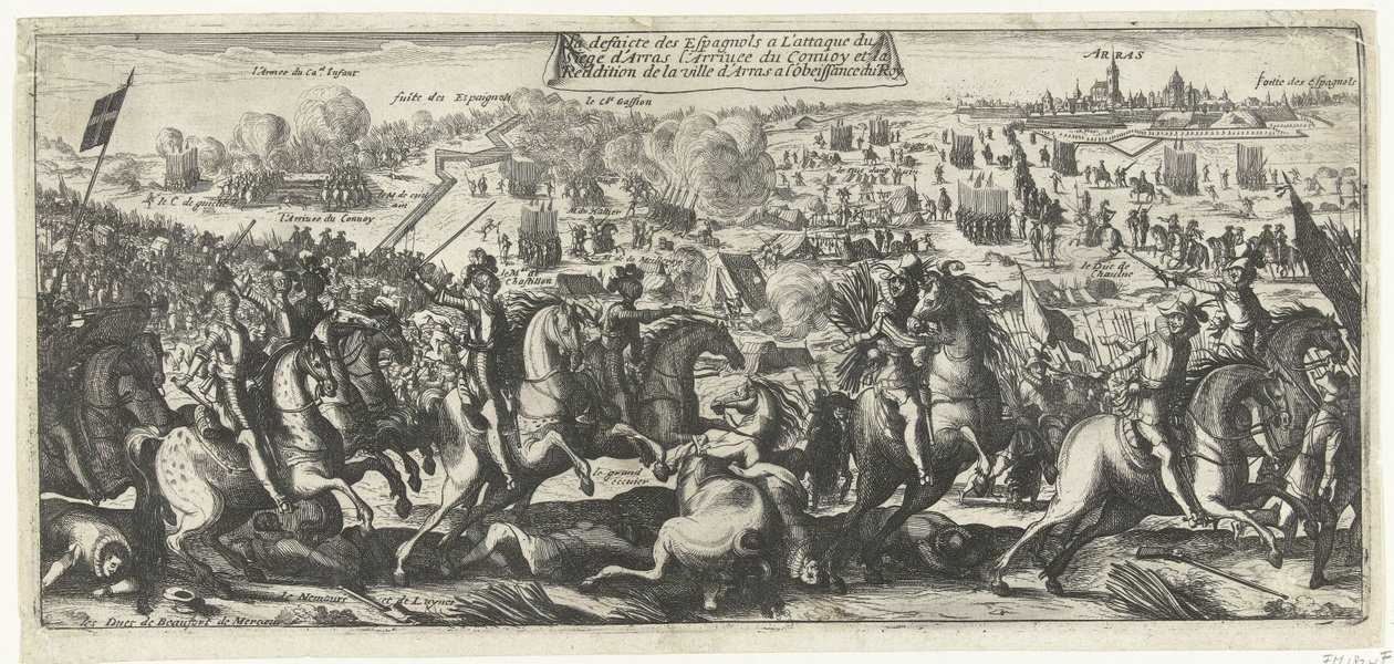 Ruitergevecht بيج أراس 1640 هزيمة الإسبان في الهجوم على حصار أراس ووصول القافلة واستسلام مدينة أراس لطاعة الملك (العنوان على الشيء) بواسطة مجهول