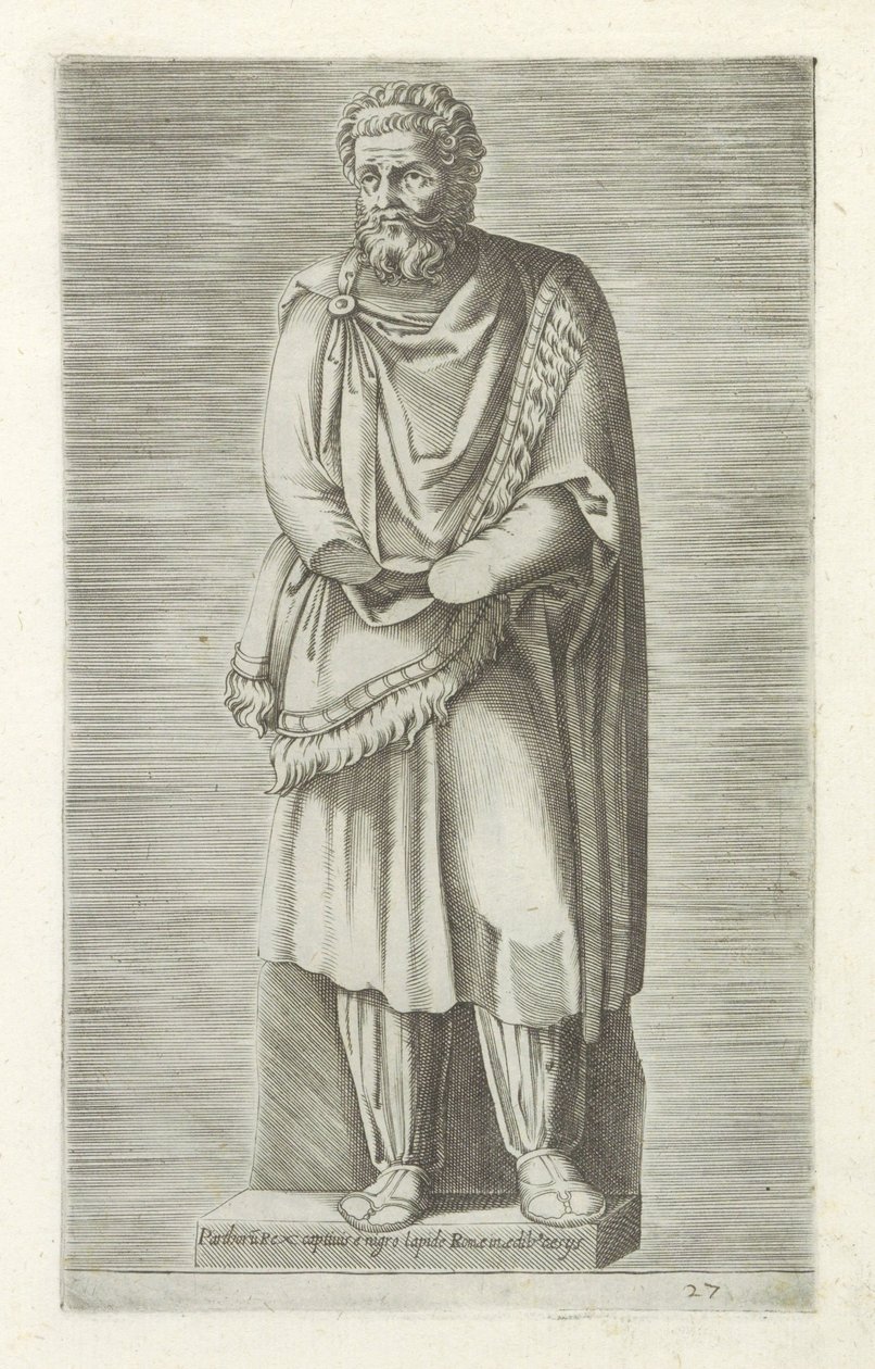 Sculptuur van een gegengen koning ملك Parthorus أسرى من الحجر الأسود لروما في مبنى Cesys (العنوان على الكائن) المنحوتات العتيقة في روما (عنوان السلسلة) أيقونات التماثيل القديمة لمدينة روما والتي تظهر في الأماكن العامة (عنوان السلسلة) بواسطة مجهول