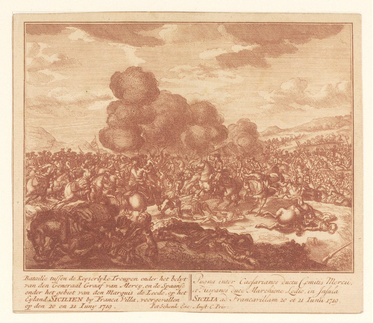 معركة بين القوات الإمبراطورية والإسبان في صقلية ، يونيو 1719 Bataille بين Keyserlijke Troupen تحت قيادة General Count of Mercy ، والإسبان تحت قيادة Marquis de Leede (...) (العنوان على الكائن) بواسطة مجهول