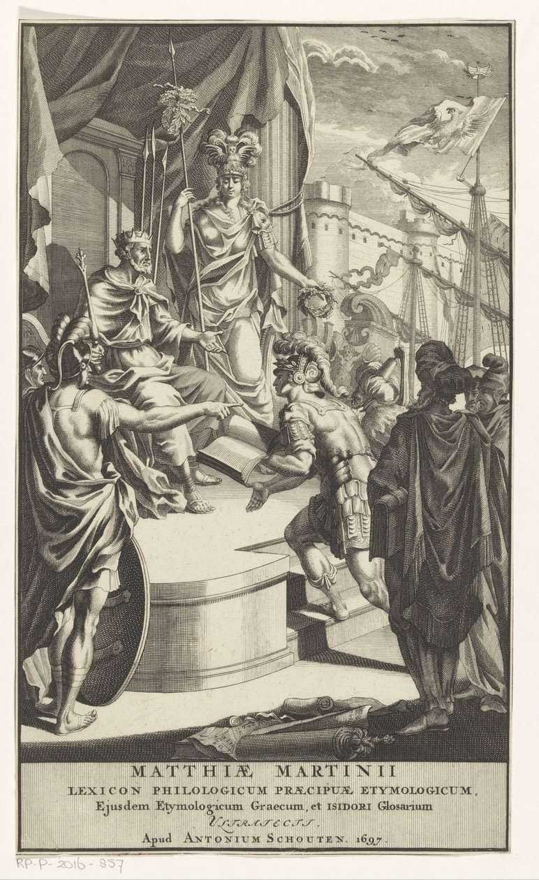 يقدم الجندي الكتاب إلى الملك صفحة العنوان لـ: Matthias Martinius، Lexicon philologicum praecipuae etymologicum، 1697 بواسطة مجهول