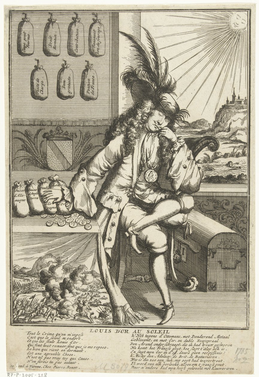 كارتون على لودويجك ويليم فان بادن بادن ، 1705 لويس دور أو سولي (العنوان على الكائن) رويال ألماناش عام 1705 / 't Lusthof van Momus (عنوان السلسلة) بواسطة مجهول
