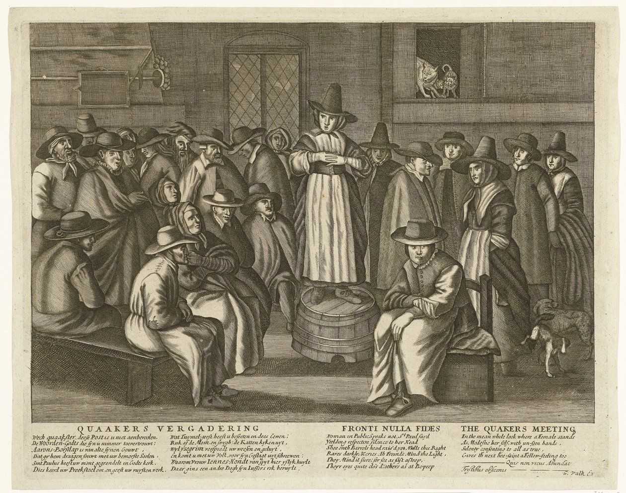 الرسوم المتحركة على الكويكرز الإنجليزية ، ج .1656 لقاء كويكر / Fronti Nulla Fides / اجتماع الكويكرز (العنوان على الكائن) بواسطة مجهول