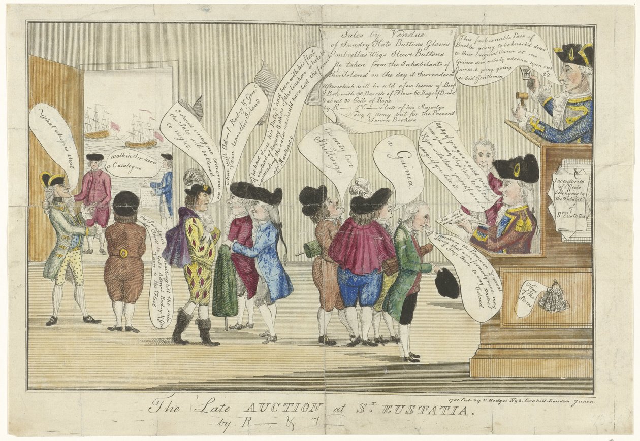 رسم كاريكاتوري عن اللغة الإنجليزية في سانت أوستاتيوس ، 1781 المزاد المتأخر في سانت يوستاتيا (العنوان على القطعة) بواسطة مجهول
