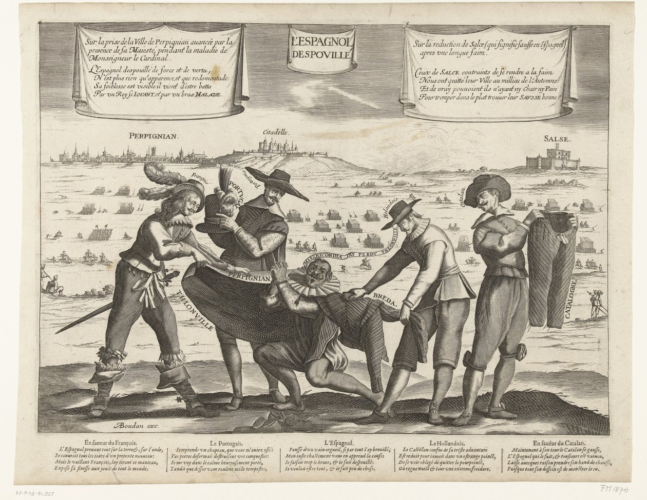 رسم كاريكاتوري عن الإسبان بعد خسارة بريدا وتيونفيل وبربينيان والبرتغال وكاتالونيا ، 1643 L