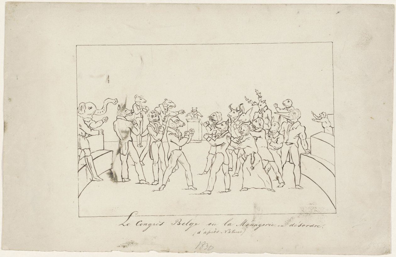 رسم كاريكاتوري عن الخلاف في الكونغرس الوطني البلجيكي بشأن انتخاب ملك ، 1831 Le Congrès Belge ou la Ménagerie en désordre. (d