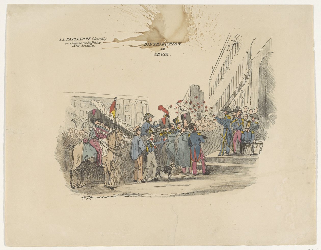 رسم كاريكاتوري عن توزيع صلبان الشرف البلجيكية ، 1834 توزيع دي كروا (العنوان على الكائن) بواسطة مجهول