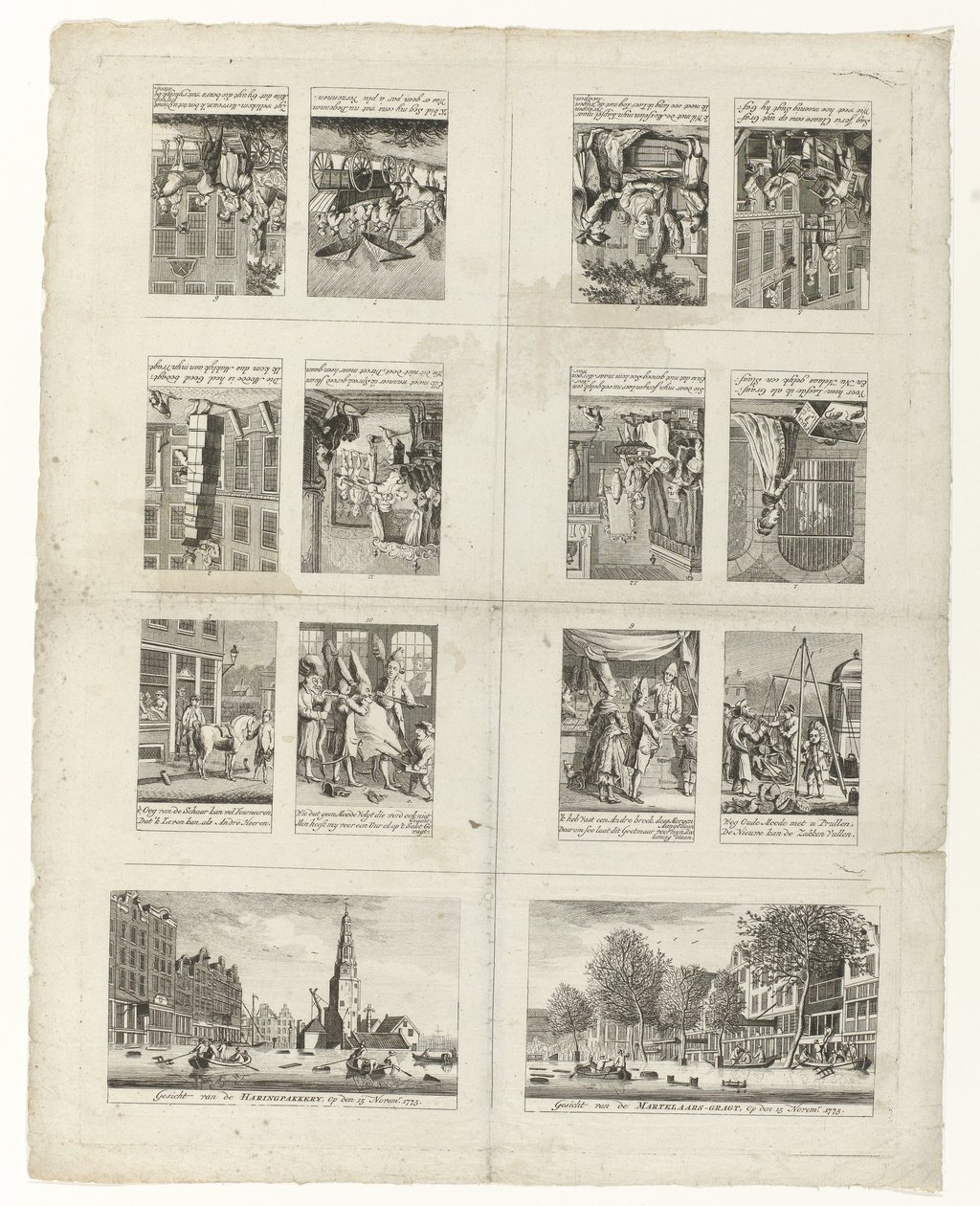 رسوم كاريكاتورية عن الموضة ومشهدين لأمستردام أثناء فيضانات عام 1775 بواسطة مجهول