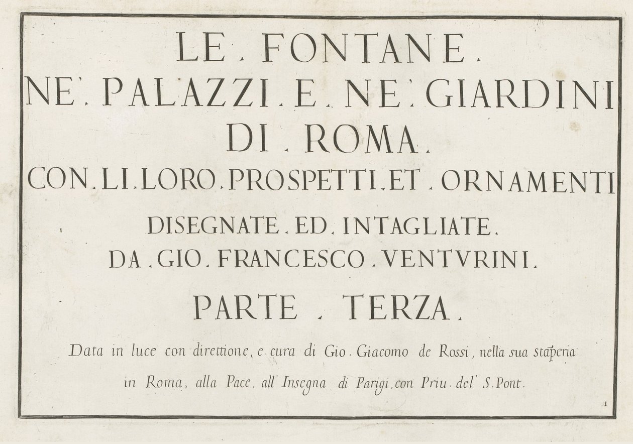 طباعة العنوان مع عنوان مؤطر Le Fontane ne Palazzi e ne giardini di Roma (عنوان المسلسل) نوافير في قصور وحدائق روما (عنوان السلسلة) بواسطة مجهول