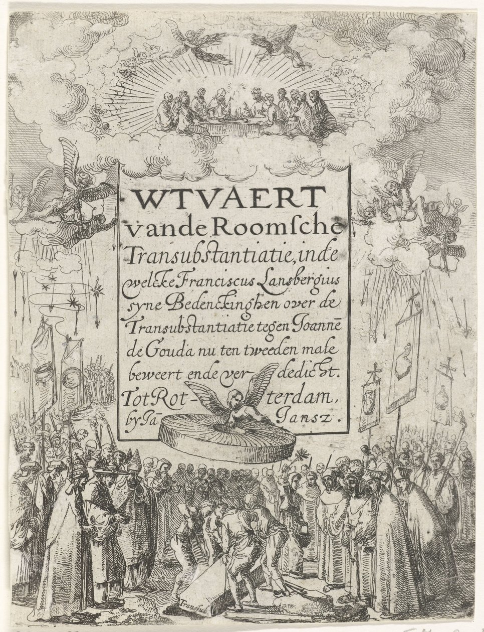 طباعة العنوان للكتيب Wtvaert vande Romsche Transubstantiatie ، ١٦١٢ Wtvaert vande Romsche Transubstantiatie ، حيث يدعي فرانسيسكوس لانسبيرجيوس سيناء بيدنكينغين حول Transubstantiation ضد Joannes de Gouda الآن للمرة الثانية ende v بواسطة مجهول