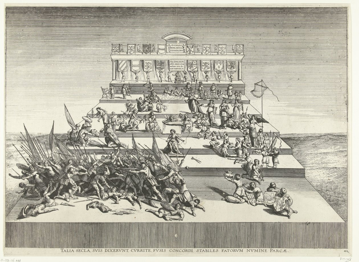 Toneelvoorstelling over oorlog en vrede؛ توخت فان فرديناند تي جنت عام 1635 (رقم 42) مثل هذه القرون ، قالوا لأنفسهم ، ركضوا ، مغازل في وئام ، مستقرة ، بمنأى عن إله القدر (العنوان على الشيء) مسرح Genethliacon لتشارلز الخامس بواسطة مجهول