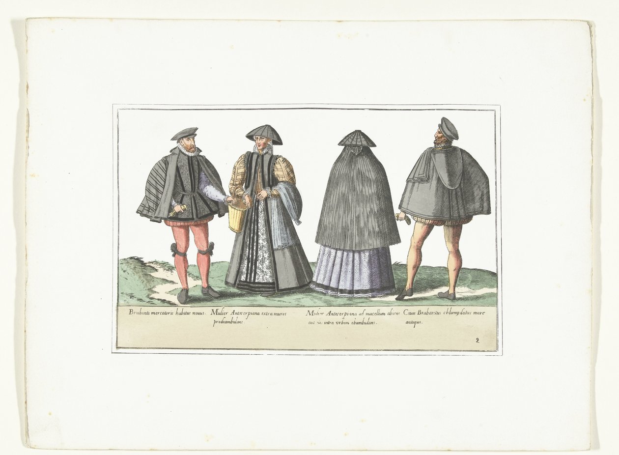 رجلان وامرأتان يرتديان الملابس حسب الموضة في أنتويرب وبرابانت ، حوالي 1580 Costumes civils des Pays-Bas (العنوان على الكائن) بواسطة مجهول