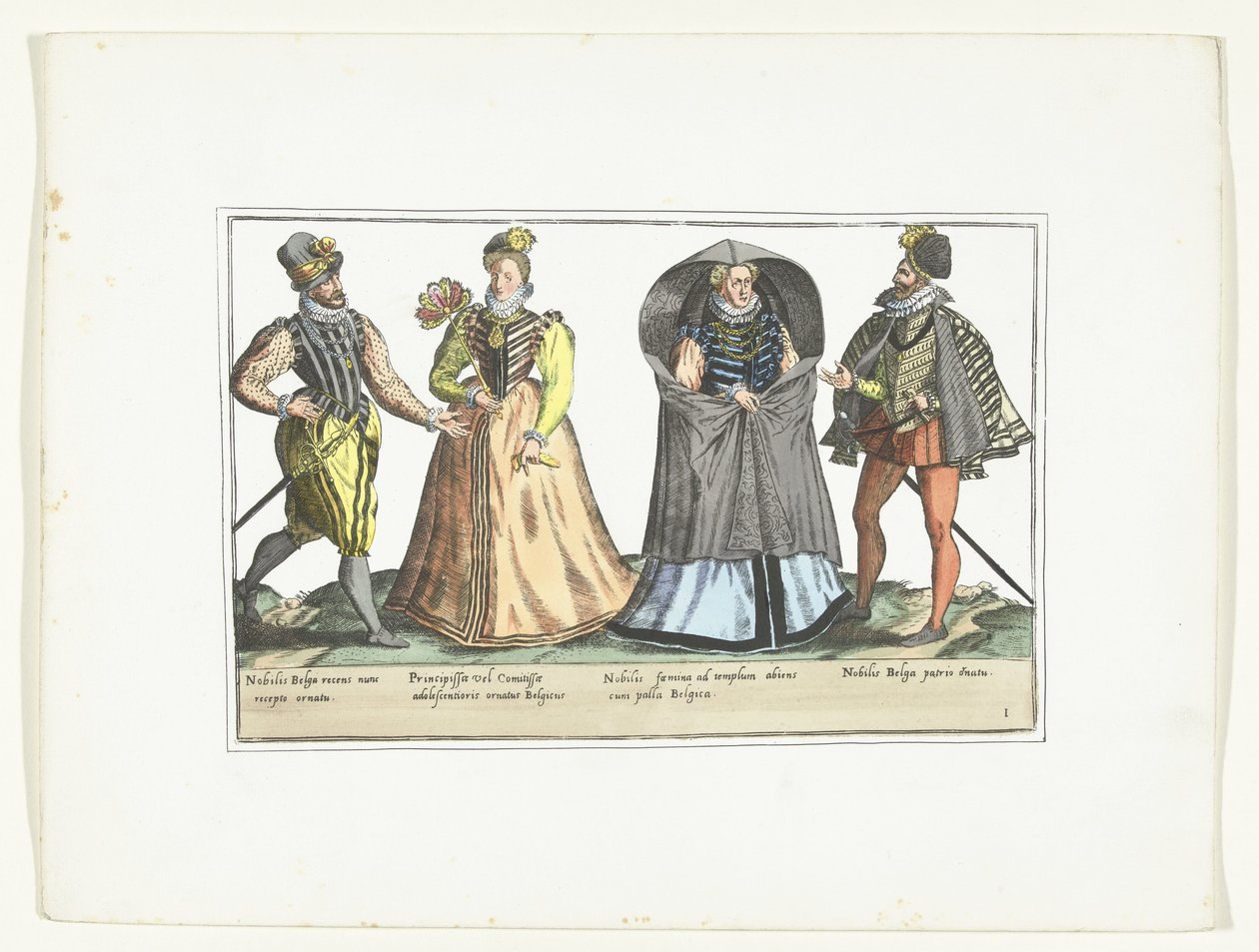 رجلان وامرأتان يرتديان ملابس حسب الموضة في هولندا ، حوالي 1580 Costumes civils des Pays-Bas (العنوان على الكائن) بواسطة مجهول