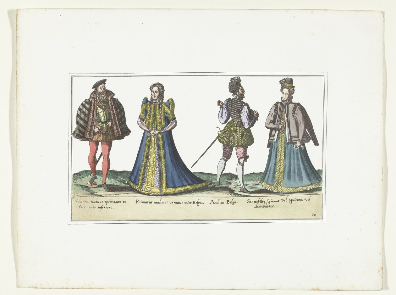 امرأتان ورجلان يرتديان ملابس حسب الموضة في شمال الراين - وستفاليا وفلاندرز ، ج .1580 أزياء Bas-Allemands et Flamands (العنوان على الكائن) بواسطة مجهول