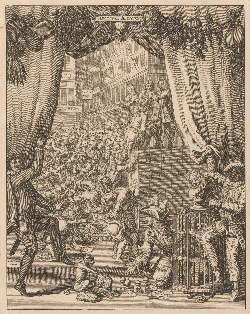 شرح لوحة Harlequin Actionist 1720 Arlequyn Actionist (العنوان على الكائن) شرح Tytelplate ، لـ Arlequyn Actionist (العنوان على الكائن) The Great Table of Folly (عنوان السلسلة) بواسطة مجهول