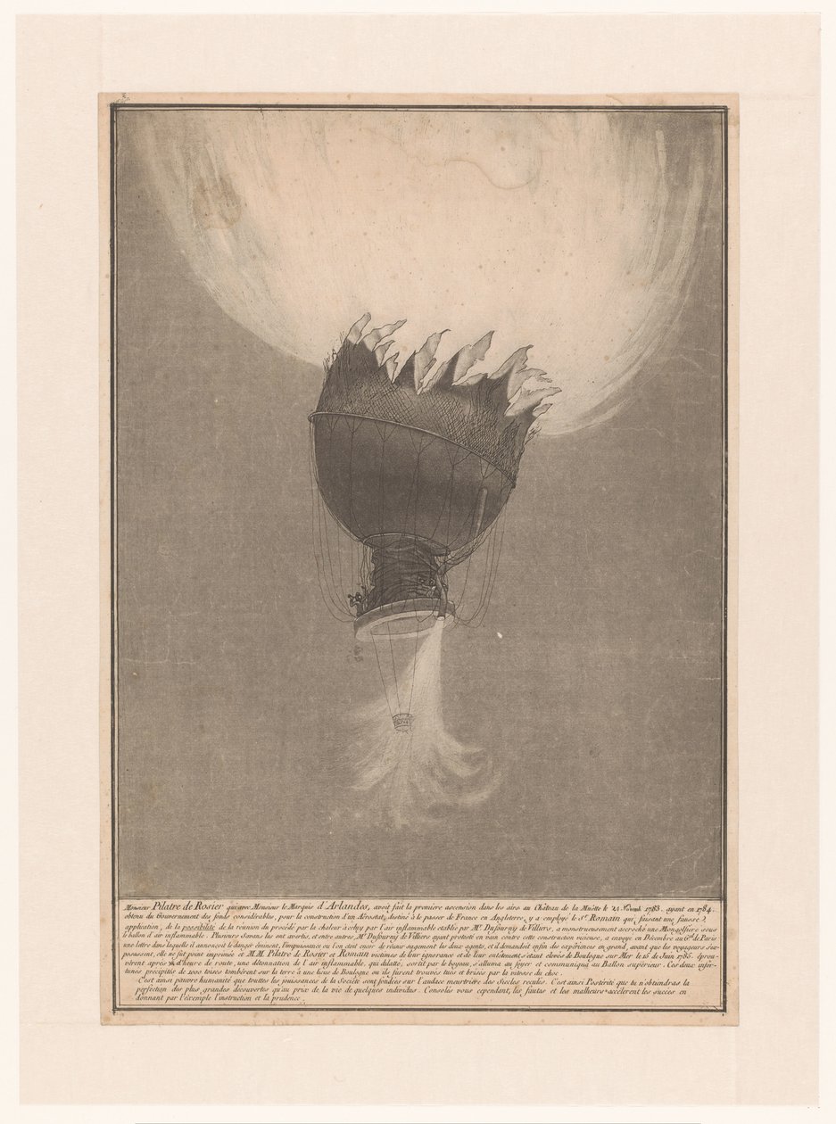 Verongelukken van de luchtballon van Pilatre de Rozier en Romain boven Boulogne ، 15 June 1785 دمر الصعود بيلاتري دي روزير ورومان ، في شاتو دي لا مويت في 21 نوفمبر 1783 ، بعد أن حصلوا على أموال كبيرة من الحكومة في عام 1784 بواسطة مجهول