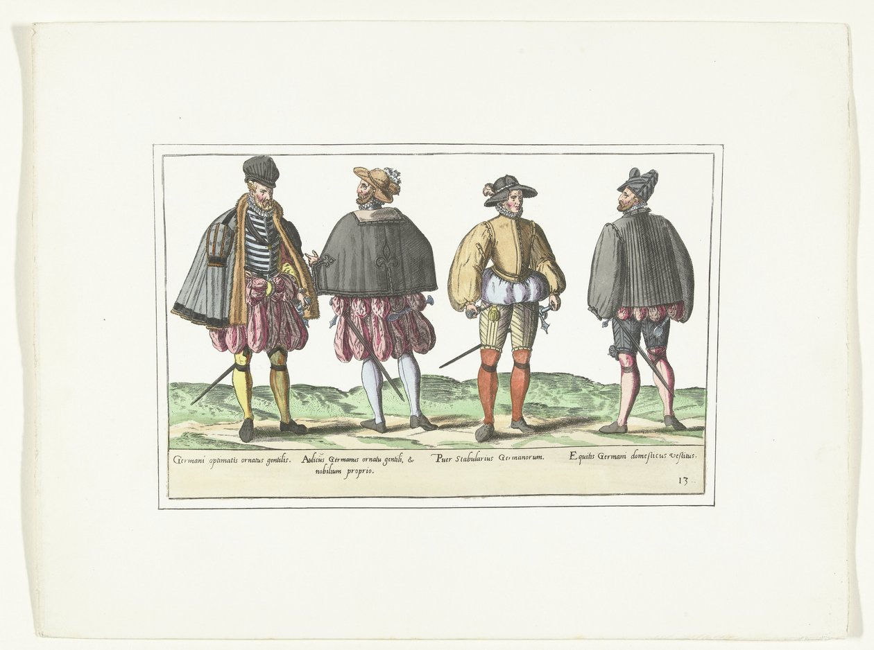 أربعة رجال يرتدون أزياء ألمانية ، ج .1580 أزياء Allemands (العنوان على الكائن) بواسطة مجهول