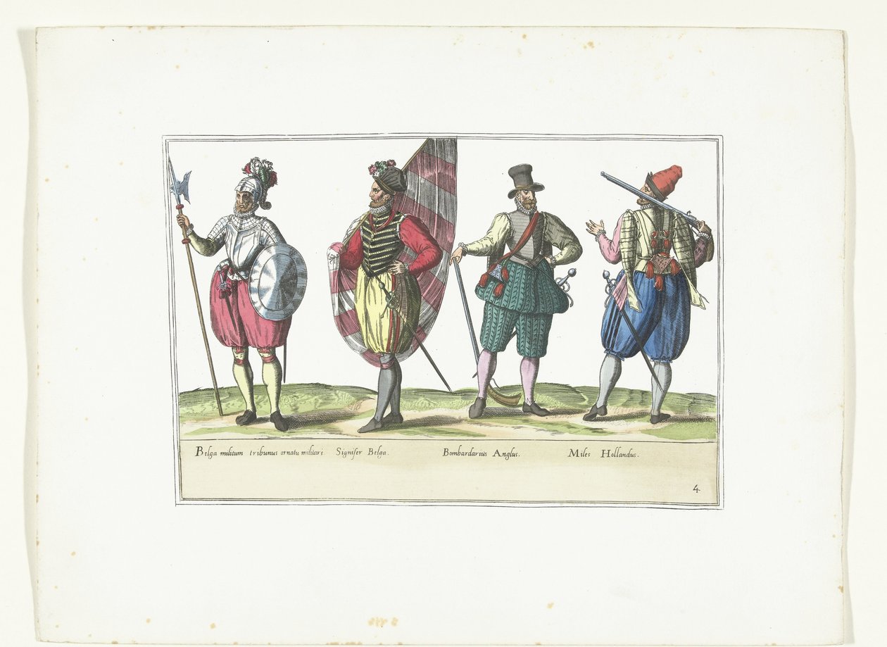 أربعة جنود يرتدون الزي الرسمي حسب الموضة في هولندا وإنجلترا حوالي عام 1580 Costumes Militaires des Pays-Bas (العنوان على الكائن) بواسطة مجهول