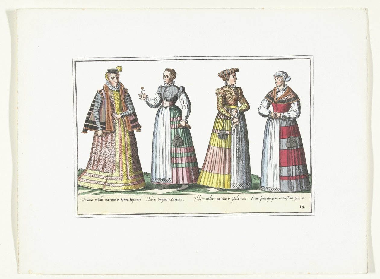 أربع نساء يرتدين الأزياء الألمانية ، ج .1580 أزياء Allemands (العنوان على الكائن) بواسطة مجهول