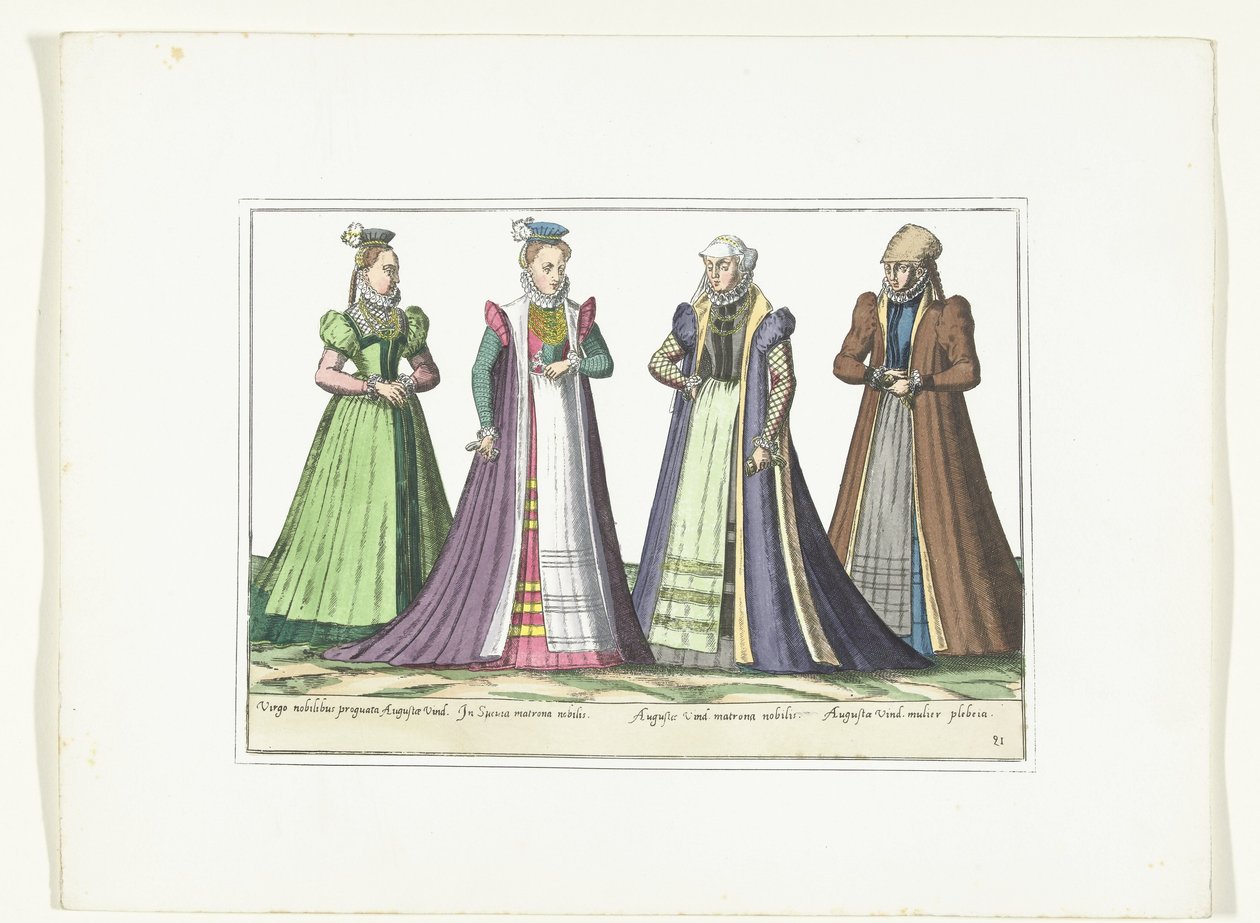 أربع نساء يرتدين الأزياء الألمانية في أوغسبورغ ، حوالي 1580 أزياء Allemands (العنوان على الكائن) بواسطة مجهول