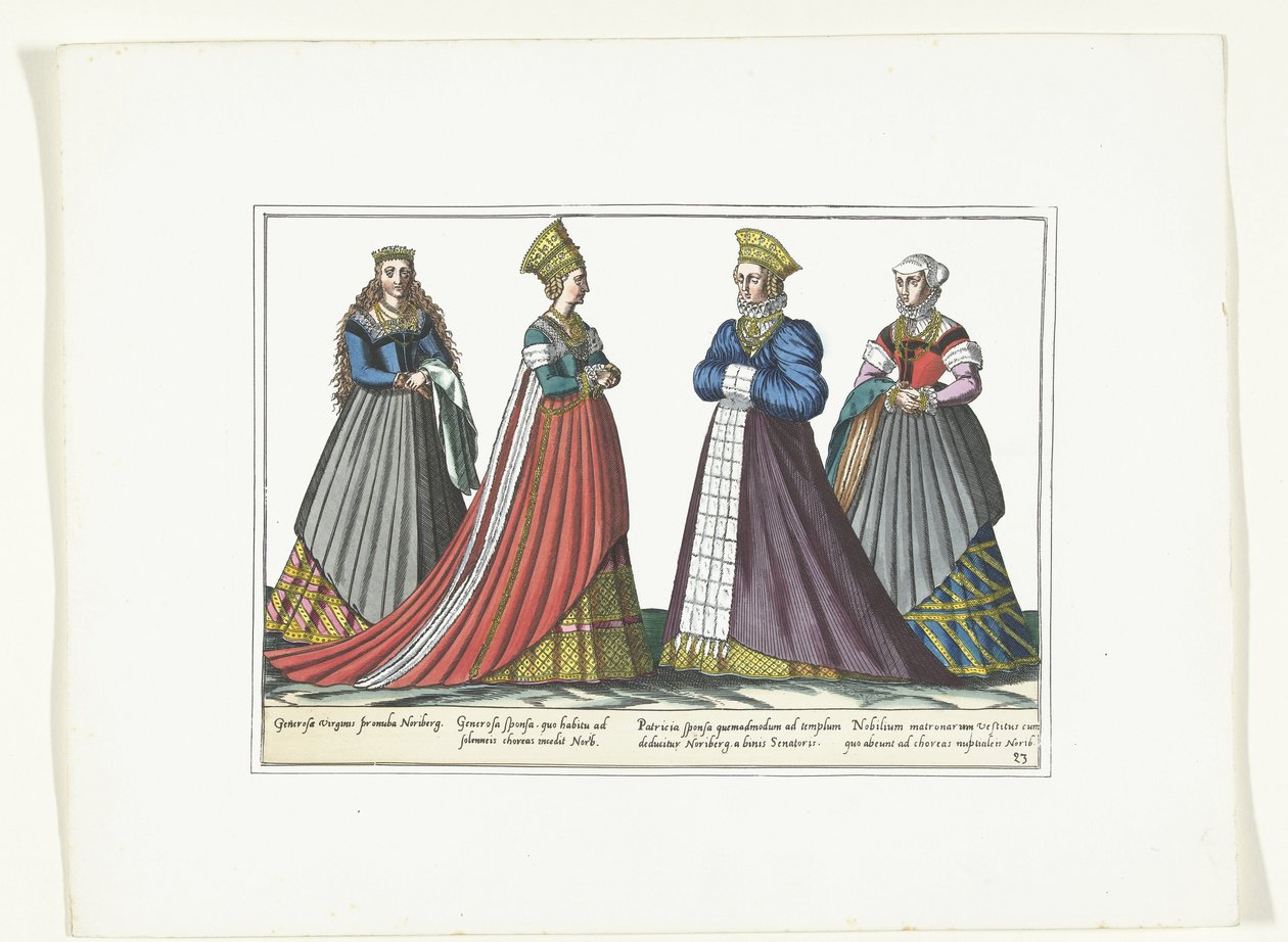 أربع نساء يرتدين الأزياء الألمانية في نورمبرج ، حوالي 1580 أزياء Allemands (العنوان على الكائن) بواسطة مجهول