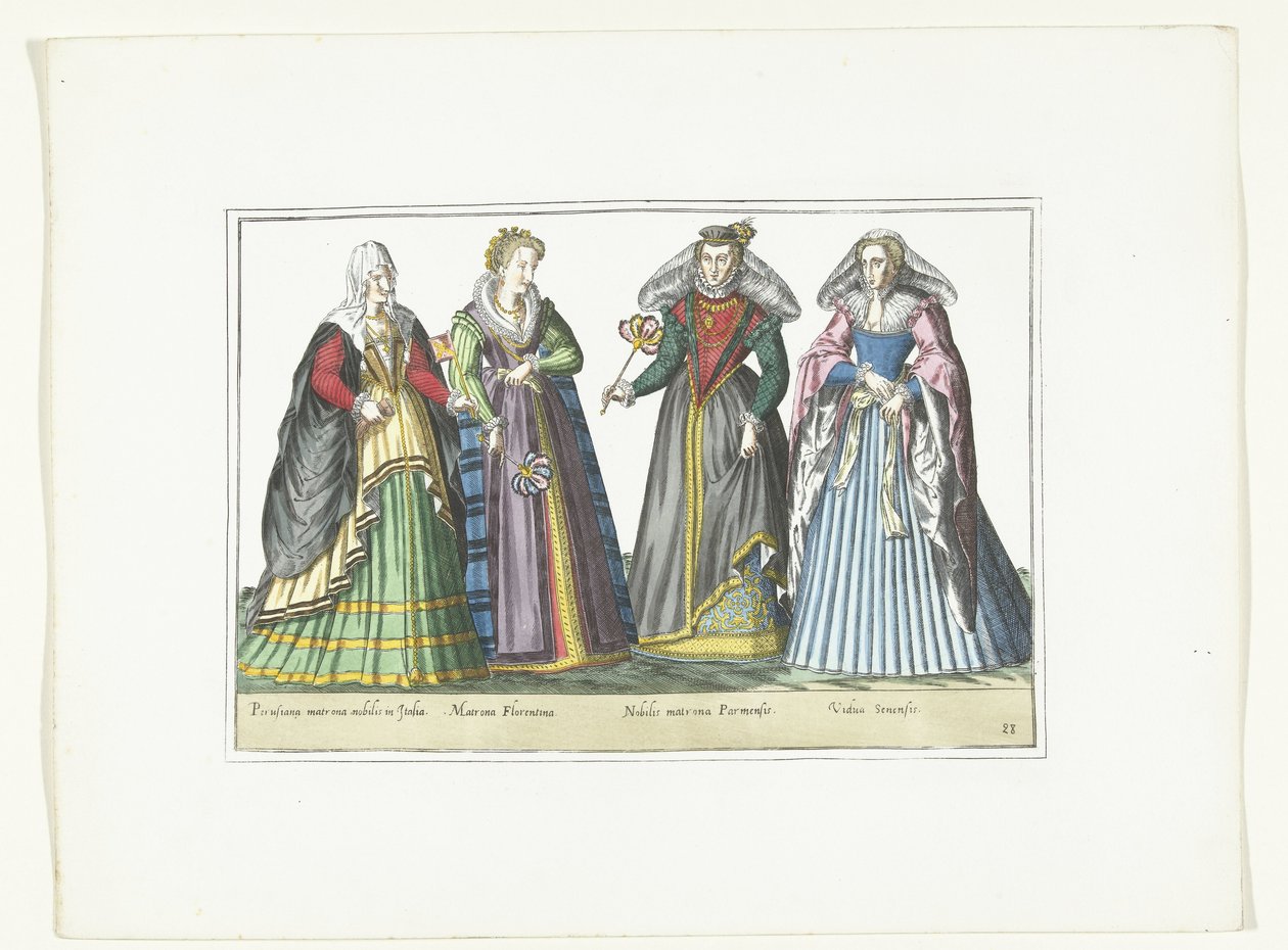 أربع نساء يرتدين الأزياء الإيطالية ، ج .1580 أزياء الإيطاليين (العنوان على الكائن) بواسطة مجهول