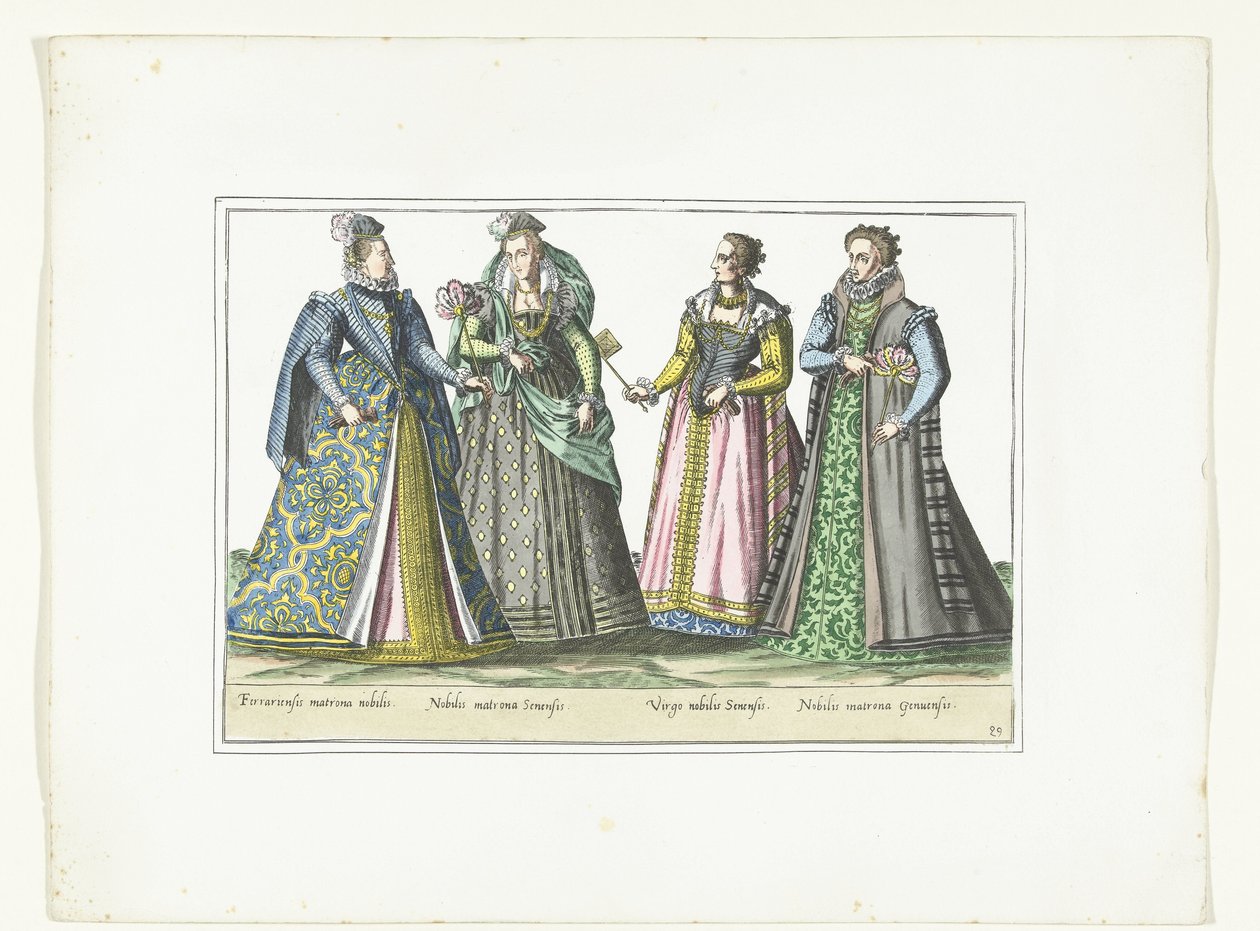 أربع نساء يرتدين الأزياء الإيطالية ، ج .1580 أزياء الإيطاليين (العنوان على الكائن) بواسطة مجهول