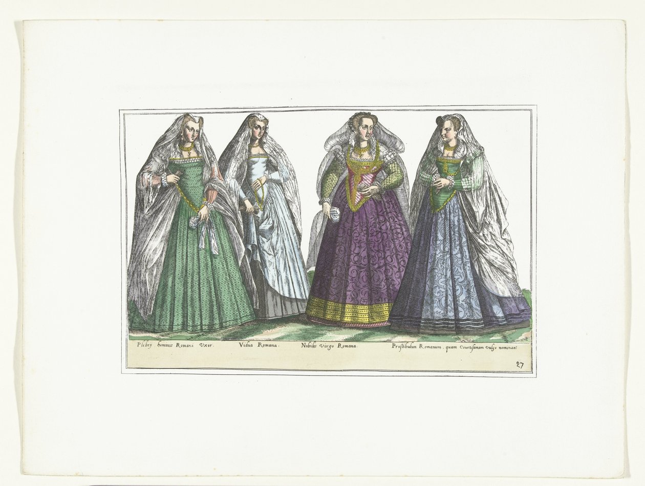 أربع نساء يرتدين الأزياء الرومانية ، ج .1580 أزياء الإيطاليين (العنوان على الكائن) بواسطة مجهول