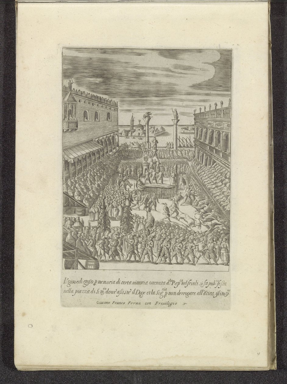 Viering van Vette Donderdag op het Piazzetta te Venetië Scènes uit het Venetiaanse leven (عنوان السلسلة) Habiti d'Huomeni and Venetian Women مع موكب Ser.ma Signoria وتفاصيل أخرى مثل حفلات الانتصارات والاحتفالات العامة للنبلاء بواسطة مجهول