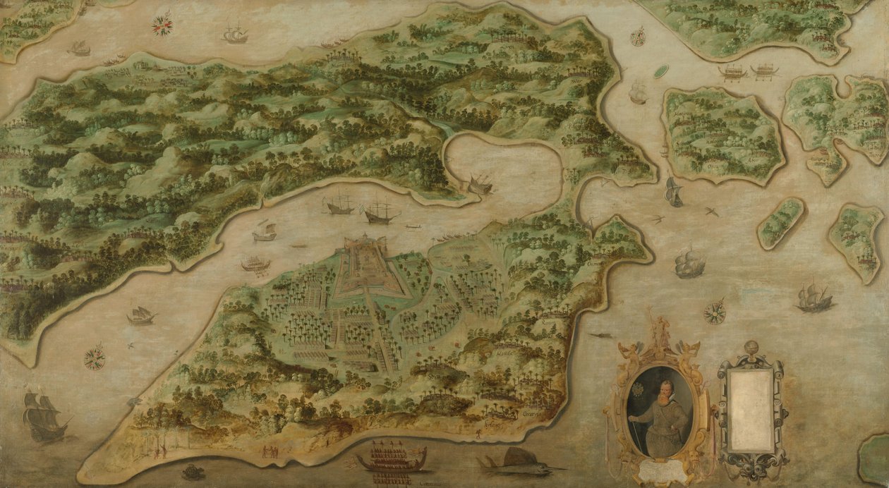 منظر أمبون منظر من أعلى لأمبون ، مع صورة لفريدريك هوتمان (1571-1627) في خرطوش بواسطة مجهول
