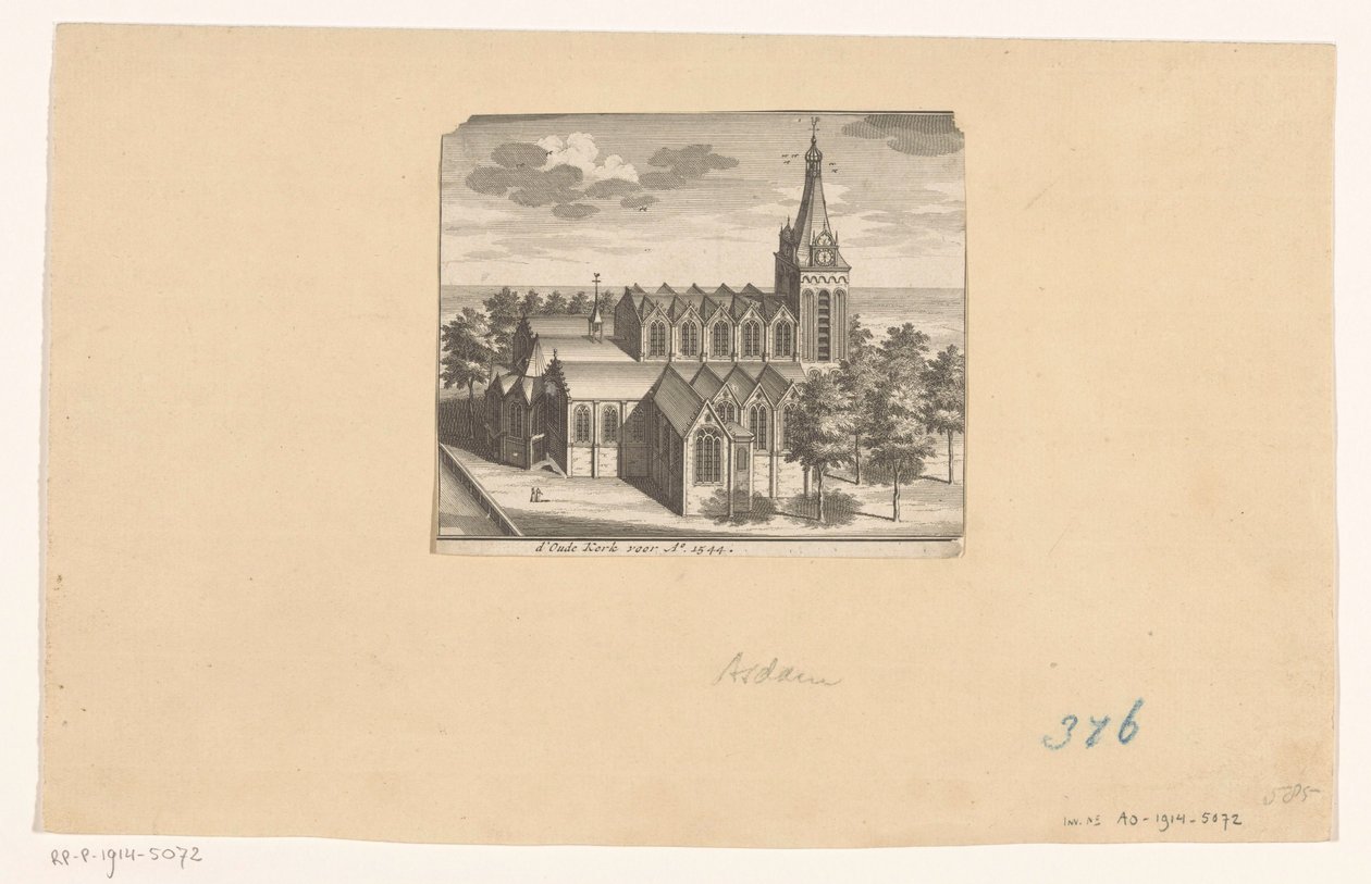 منظر من منظور عين الطائر لـ Oude Kerk في أمستردام ، قبل عام 1544 د 