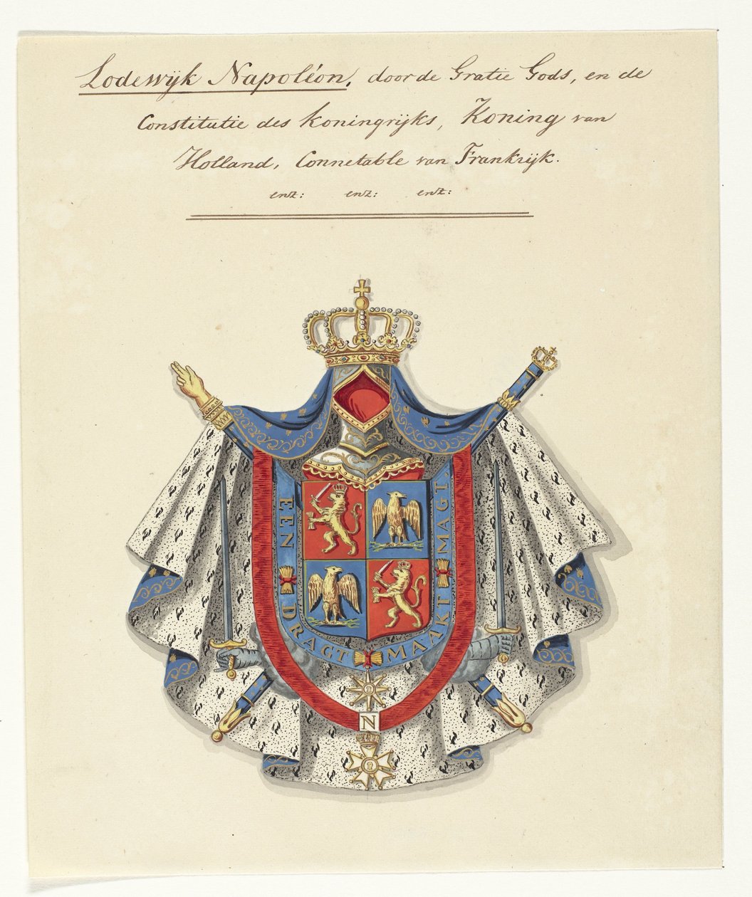 شعار النبالة لـ Lodewijk Napoleon Bonaparte ، ملك هولندا لوديويجك نابليون ، بحمد الله ، ودستور المملكة ، ملك هولندا ، متضمن لفرنسا (العنوان على الشيء) بواسطة مجهول