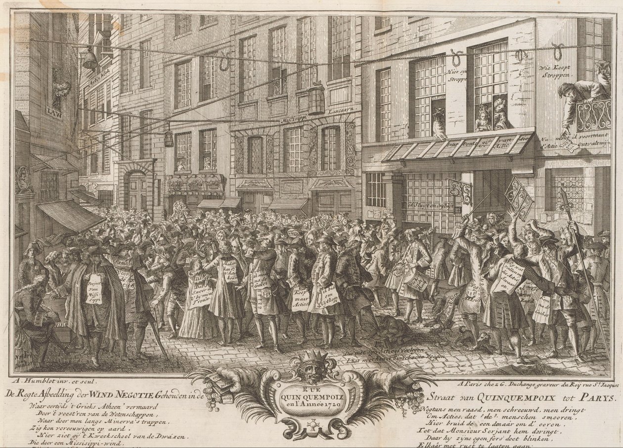 تجارة الرياح في شارع Quinquempoix ، 1720 الصورة المستقيمة لمفاوضة الرياح في مضيق Quinquempoix إلى Parys (العنوان على الكائن) The Great Table of Folly (عنوان السلسلة) بواسطة مجهول