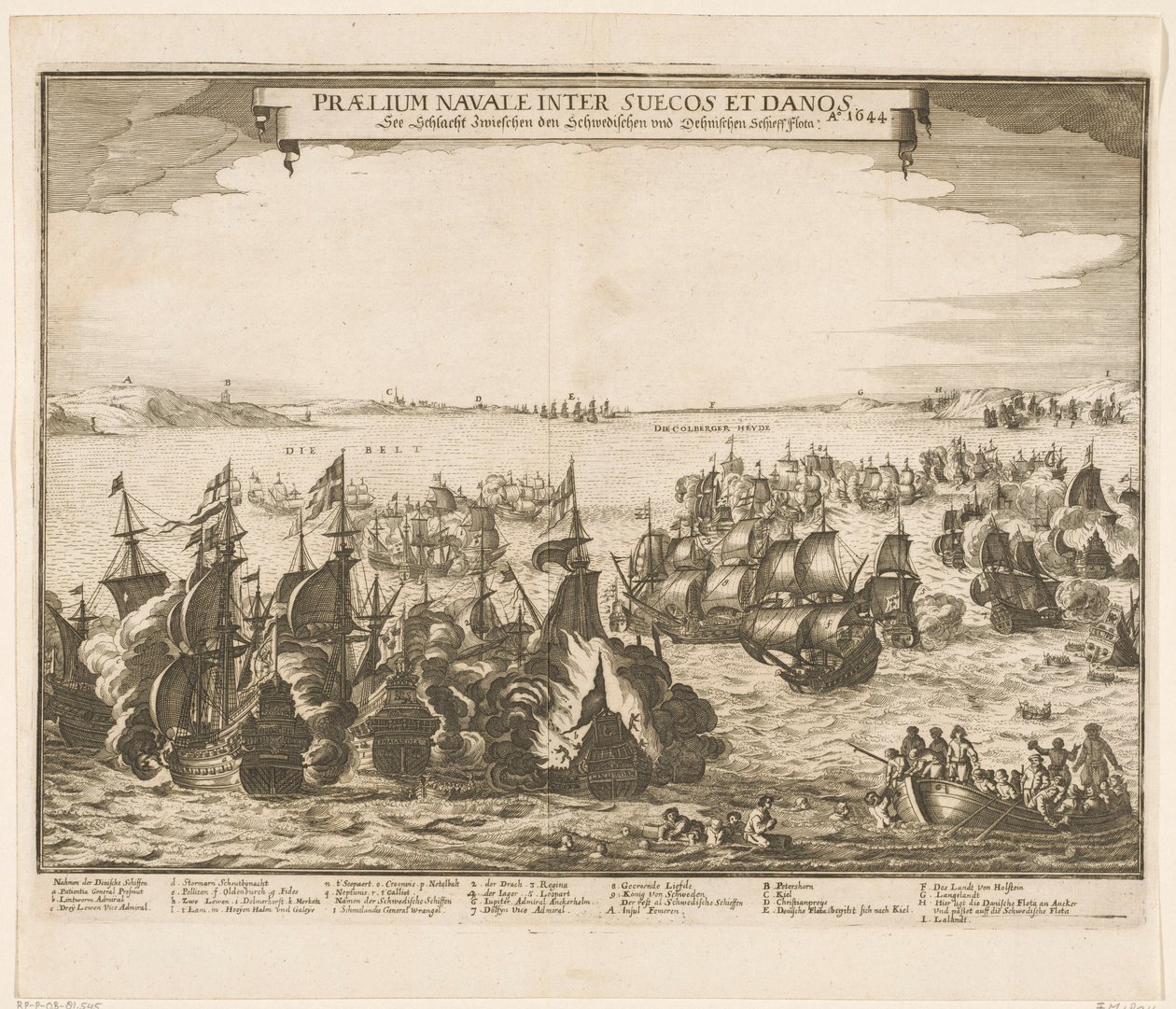 معركة بحرية بين الأسطول السويدي والدنماركي في الحزام ، 1644 Praelium navale inter Suecos et Danos / Ao. 1644 / انظر Schlacht Zwieschen den Schwedischen und Dehnischen Schieffflota (العنوان على الكائن) بواسطة مجهول