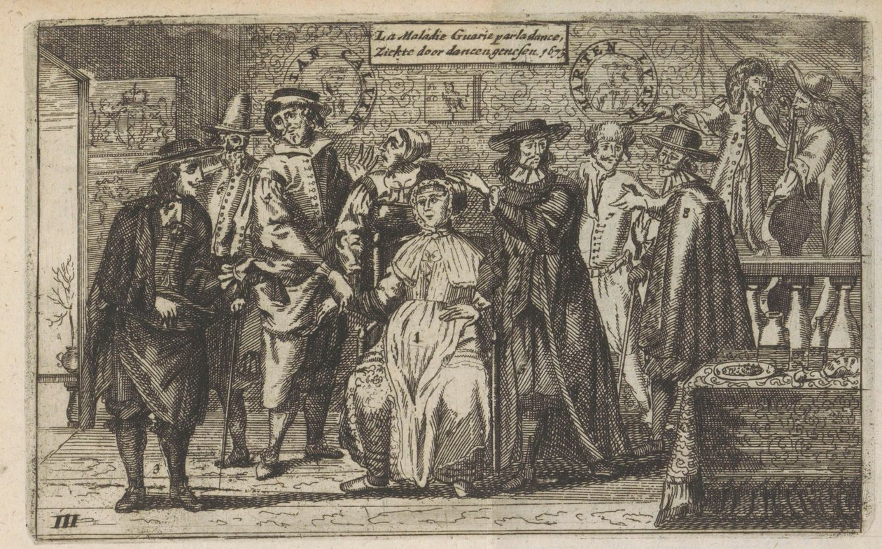 علاج المرض بالرقص ، 1673 La Maladie Guarie par la dance / المرض يُشفى بالرقص. 1673 (العنوان على الكائن) بواسطة مجهول