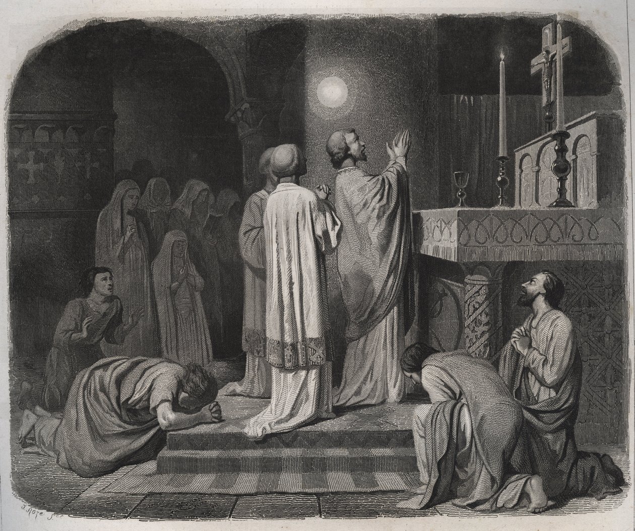 كرة من النار تظهر فوق SAINT MARTIN eveque de Tours (316-397) أثناء عمله. نقش من عام 1846 في "" حياة القديسين ". مجموعة خاصة. بواسطة مجهول مجهول