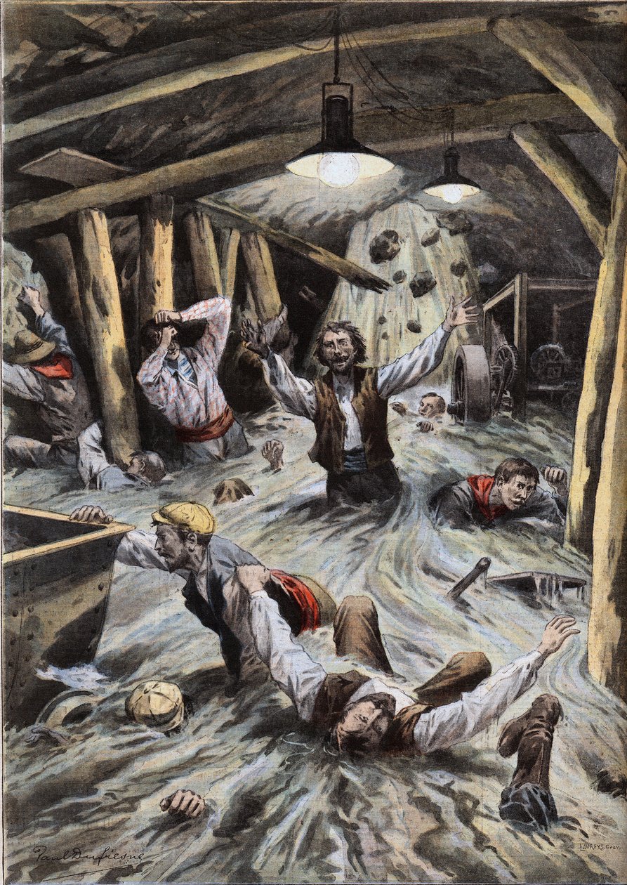 نهر يغزو نفق Loetschberg في سويسرا أثناء البناء. نقش من جريدة "Le Peute Parisien" 9/8/1908. مجموعة خاصة. بواسطة مجهول مجهول