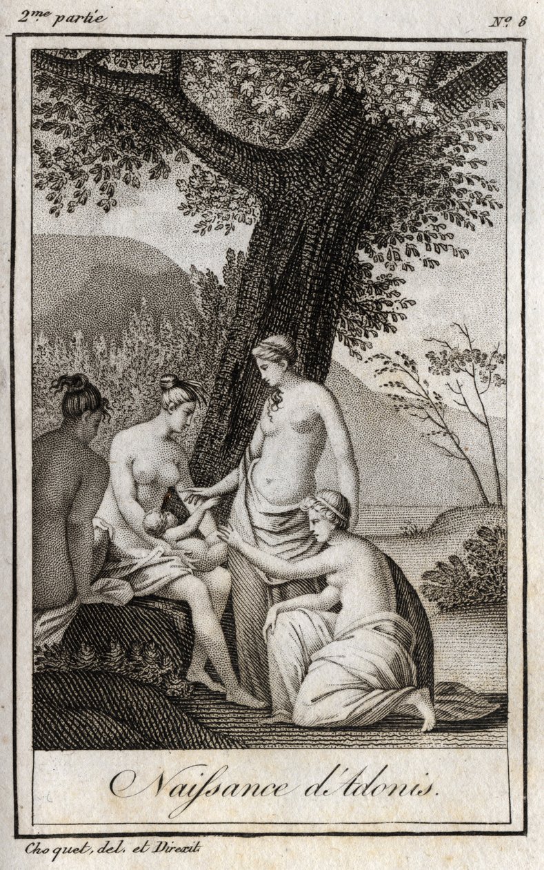 ولد أدونيس. نقش من عام 1819 في "Lettres a Emilie sur la mythologie" لتشارلز ألبرت ديموستييه (1760-1801). مجموعة خاصة. بواسطة مجهول مجهول