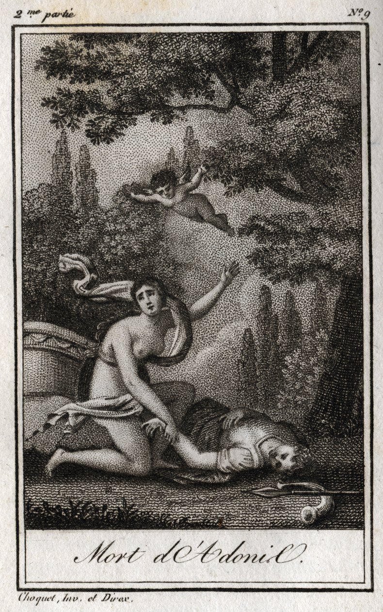 موت أدونيس. نقش من عام 1819 في "Lettres a Emilie sur la mythologie" لتشارلز ألبرت ديموستييه (1760-1801). مجموعة خاصة. بواسطة مجهول مجهول