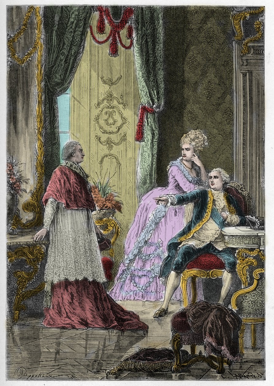 قضية عقد الملكة (1785-1786): الكاردينال لويس رينيه إدوارد دي روهان (1734-1803) قبل الملك لويس السادس عشر (1754-1793) والملكة ماري أنطوانيت (1755-1793) بواسطة مجهول مجهول