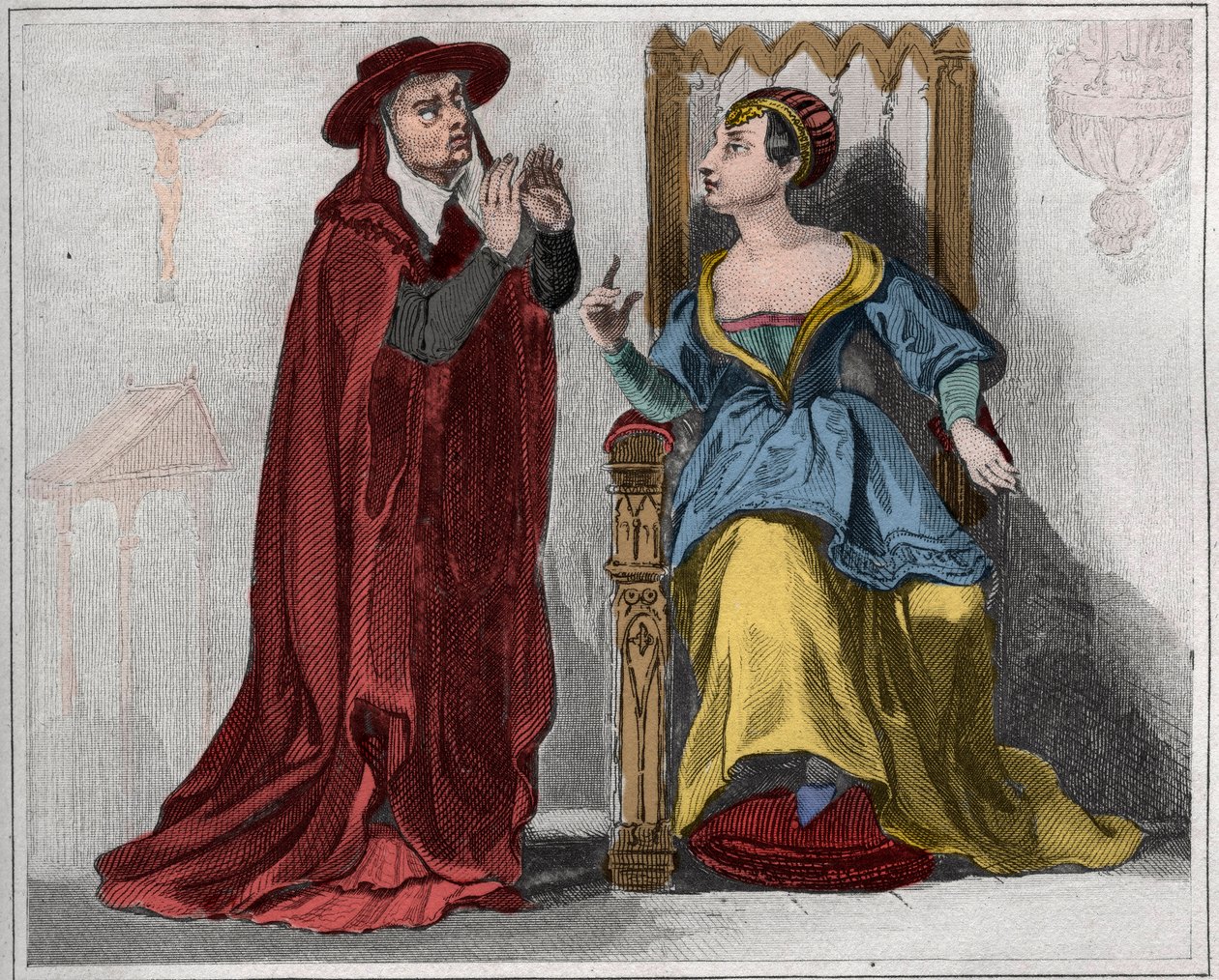 أغنيس سوريل (1422-1450) (سيدة بيوت سور مارن) (بيوت سور مارن) مع كاردينال. نقش من عام 1859 في "" لوموند. تاريخ جميع الشعوب من أبعد الأوقات حتى يومنا هذا ". بواسطة M. E. de Lostalot-Bachoue (Lostalot Bachoue). . بواسطة مجهول مجهول