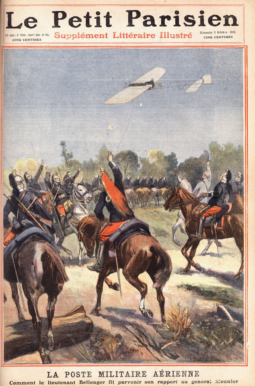 المركز العسكري الجوي: كيف أرسل الملازم جورج بيلينجيه (1878-1977) تقريره إلى الجنرال مونييه ، إحدى جريدة "Le petit parisien" في 2/10/1910 (نقش) بواسطة مجهول مجهول