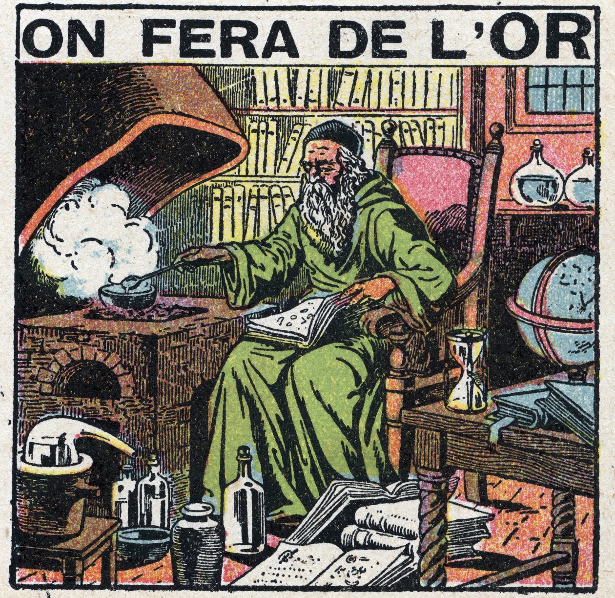 كيميائي العصور الوسطى في مختبره يبحث عن الذهب. رسم توضيحي مجهول من عام 1925. مجموعة خاصة. بواسطة مجهول مجهول