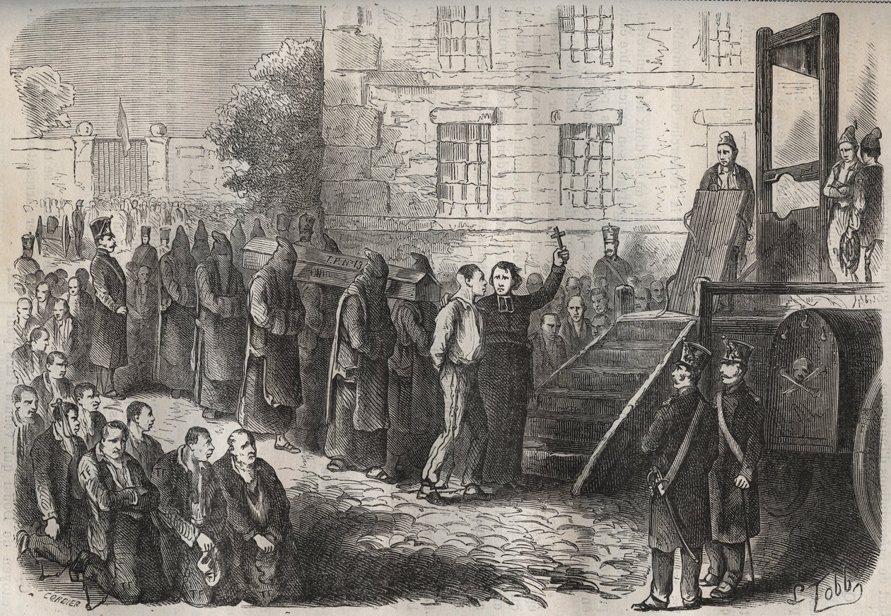 إعدام في Toulon Bagne في القرن التاسع عشر. نقش في "تاريخ المحكوم عليهم منذ إنشائهم حتى يومنا هذا" (1877) لبيير زكون (1817-1895) (كولونيا بينالي - مستعمرة جزائية). مجموعة خاصة. بواسطة مجهول مجهول